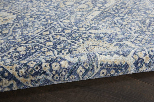 5' X 8' Blue And Cream Floral Non Skid Area Rug With Fringe