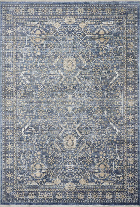 5' X 8' Blue And Cream Floral Non Skid Area Rug With Fringe