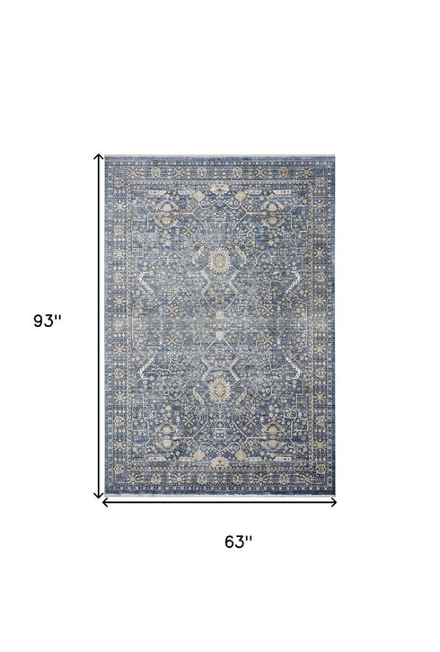 5' X 8' Blue And Cream Floral Non Skid Area Rug With Fringe