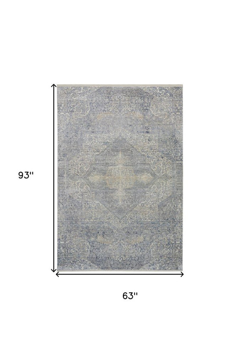 5' X 8' Blue Gray And Cream Floral Non Skid Area Rug With Fringe