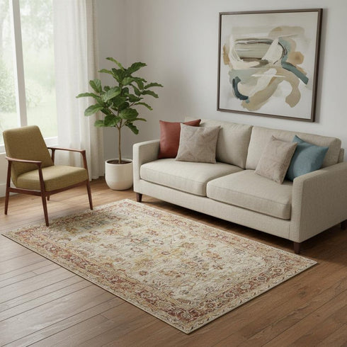 5' X 8' Ivory And Red Floral Distressed Area Rug