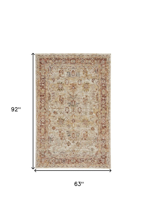 5' X 8' Ivory And Red Floral Distressed Area Rug