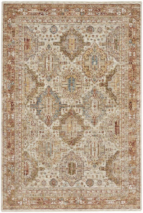 5' X 8' Ivory And Red Geometric Distressed Area Rug