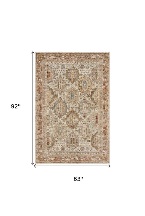 5' X 8' Ivory And Red Geometric Distressed Area Rug