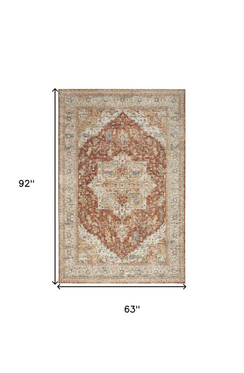 5' X 8' Ivory And Brown Floral Distressed Area Rug