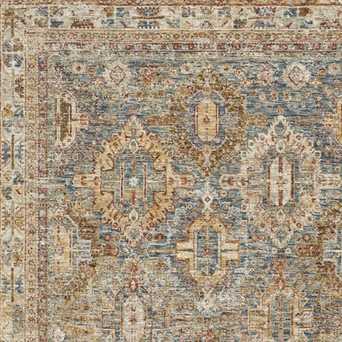 5' X 8' Beige Blue And Brown Geometric Distressed Area Rug