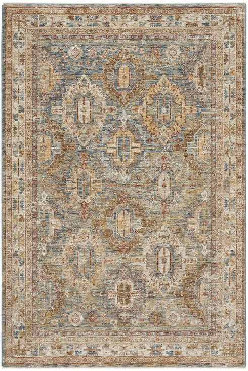 5' X 8' Beige Blue And Brown Geometric Distressed Area Rug