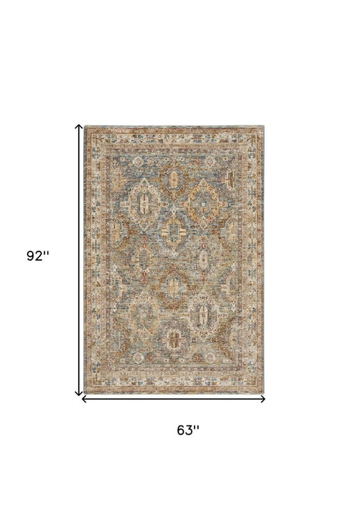 5' X 8' Beige Blue And Brown Geometric Distressed Area Rug