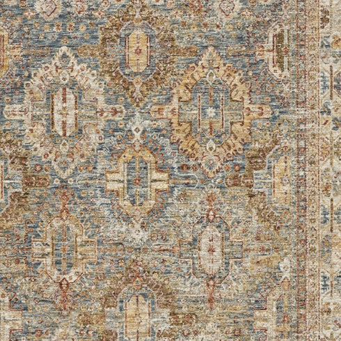 5' X 8' Beige Blue And Brown Geometric Distressed Area Rug