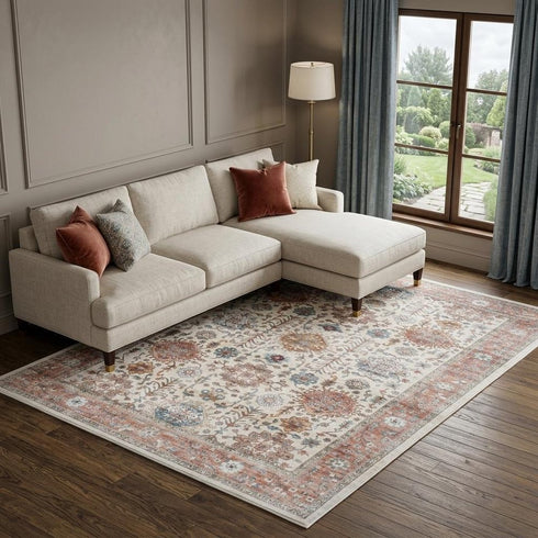 8' X 10' Ivory and Red Floral Distressed Non Skid Area Rug