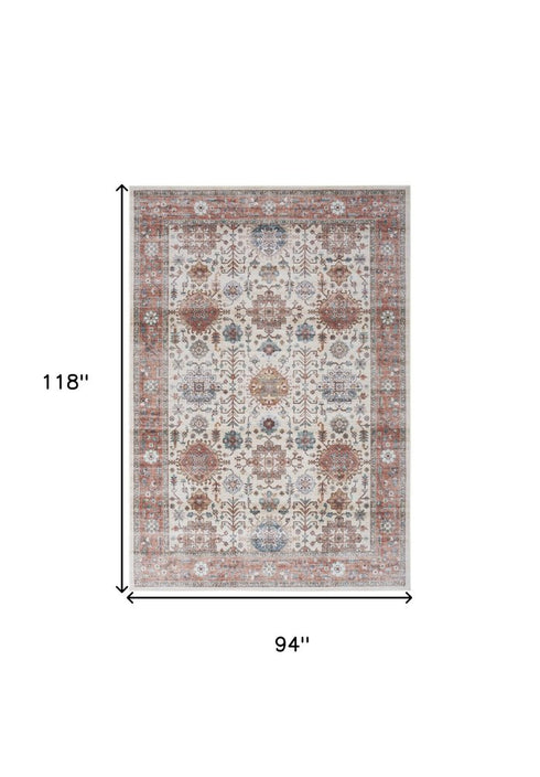 8' X 10' Ivory and Red Floral Distressed Non Skid Area Rug