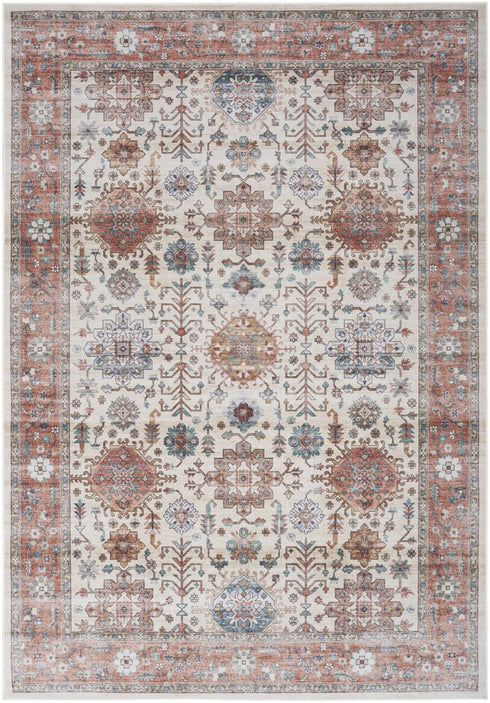 8' X 10' Ivory and Red Floral Distressed Non Skid Area Rug