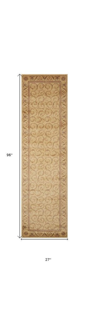 8' Ivory And Gold Floral Non Skid Runner Rug