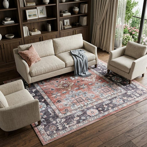 8' X 10' Black and Red Floral Distressed Non Skid Area Rug