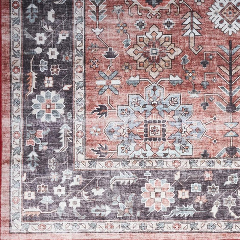 8' X 10' Black and Red Floral Distressed Non Skid Area Rug