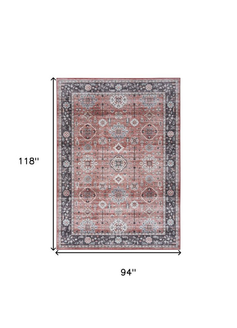 8' X 10' Black and Red Floral Distressed Non Skid Area Rug
