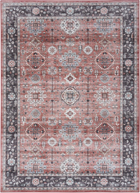 8' X 10' Black and Red Floral Distressed Non Skid Area Rug