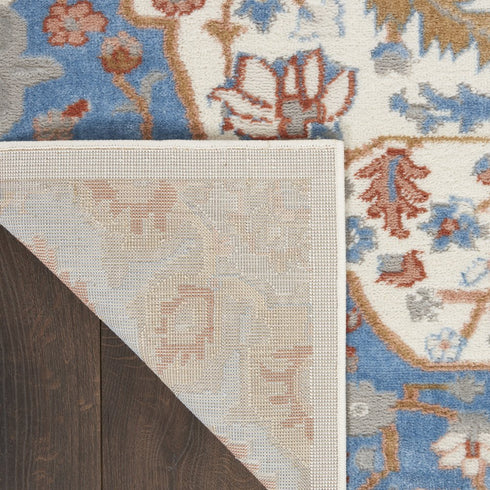 9' X 12' Ivory Tan and Blue Floral Medallion Non Skid Area Rug