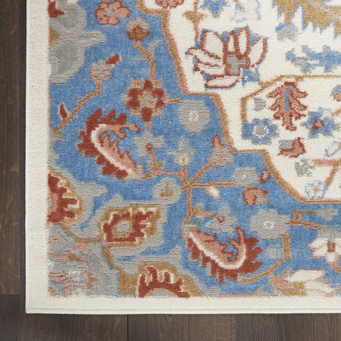 9' X 12' Ivory Tan and Blue Floral Medallion Non Skid Area Rug