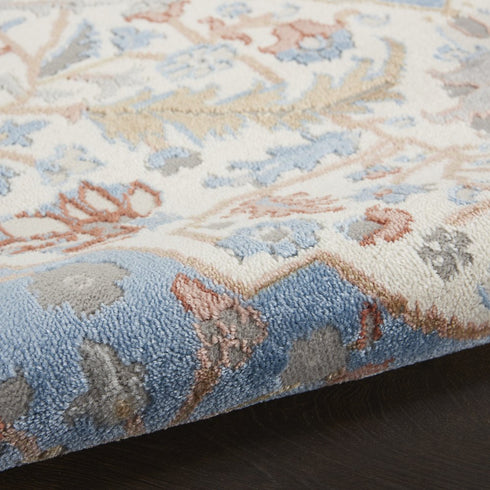 9' X 12' Ivory Tan and Blue Floral Medallion Non Skid Area Rug