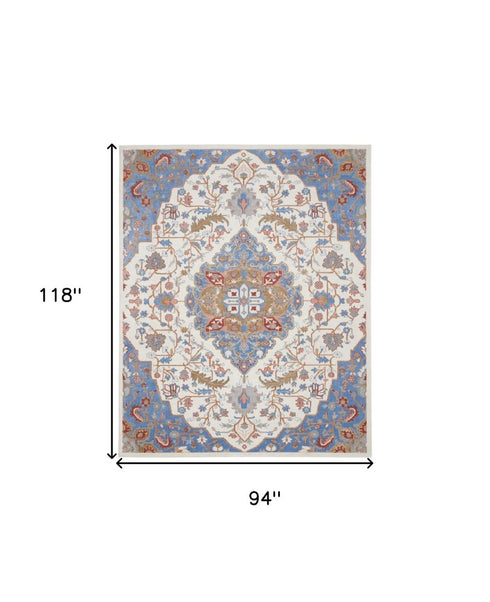 9' X 12' Ivory Tan and Blue Floral Medallion Non Skid Area Rug