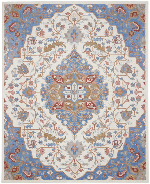 9' X 12' Ivory Tan and Blue Floral Medallion Non Skid Area Rug