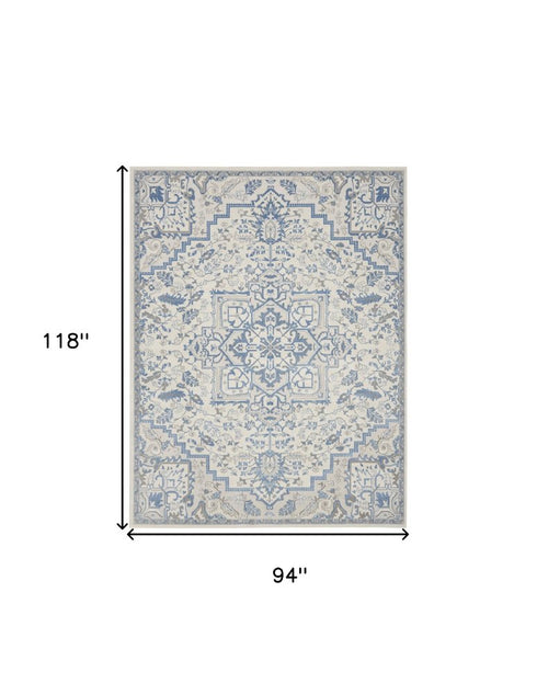 9' X 12' Ivory Blue and Gray Floral Non Skid Area Rug