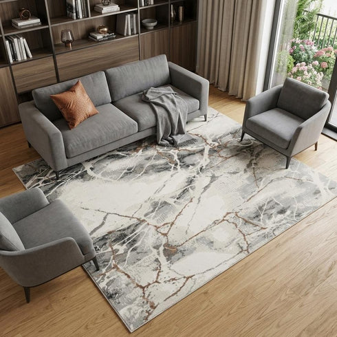 8' X 10' Ivory Black and Gray Abstract Non Skid Area Rug