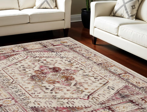 8' X 10' Ivory Red And Orange Floral Distressed Non Skid Area Rug