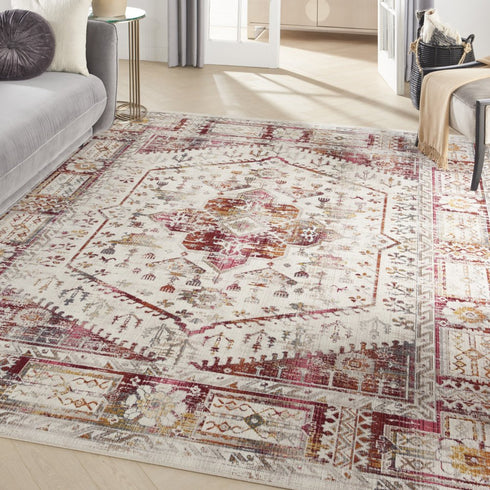 8' X 10' Ivory Red And Orange Floral Distressed Non Skid Area Rug