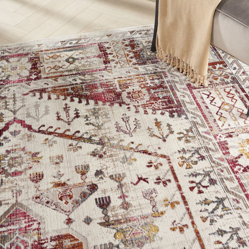 8' X 10' Ivory Red And Orange Floral Distressed Non Skid Area Rug