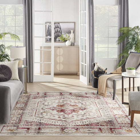 8' X 10' Ivory Red And Orange Floral Distressed Non Skid Area Rug