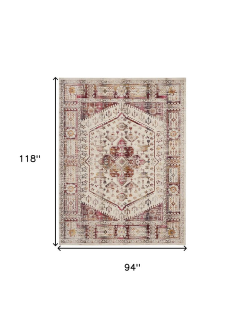 8' X 10' Ivory Red And Orange Floral Distressed Non Skid Area Rug