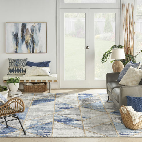 8' X 10' Ivory Blue and Gray Abstract Non Skid Area Rug