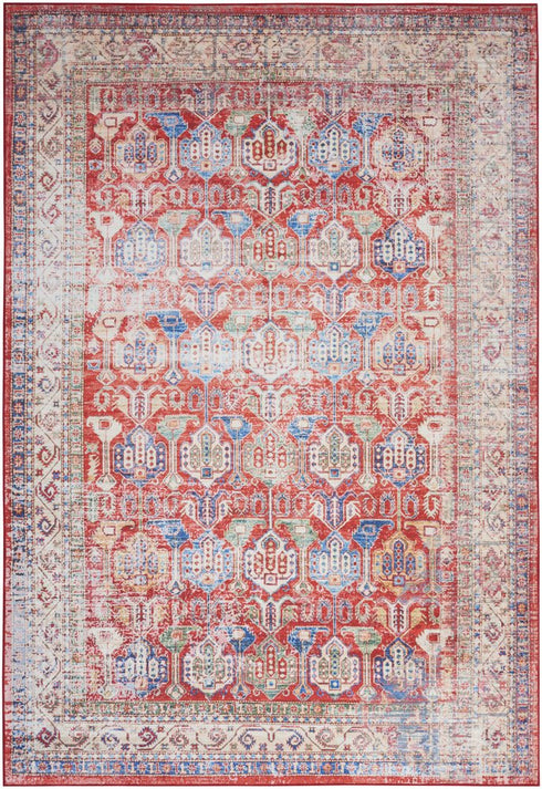 8' X 10' Ivory Red And Blue Floral Distressed Non Skid Area Rug