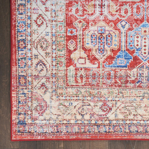 8' X 10' Ivory Red And Blue Floral Distressed Non Skid Area Rug