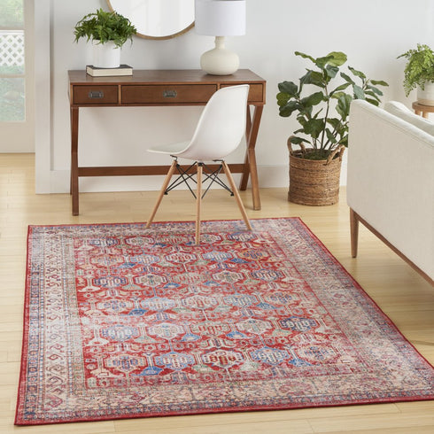 8' X 10' Ivory Red And Blue Floral Distressed Non Skid Area Rug