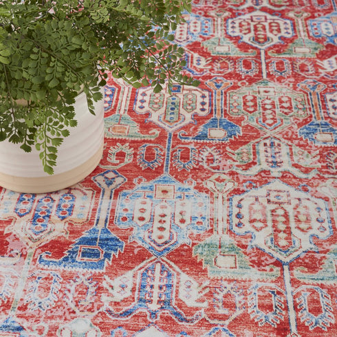 8' X 10' Ivory Red And Blue Floral Distressed Non Skid Area Rug