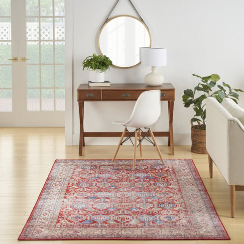 8' X 10' Ivory Red And Blue Floral Distressed Non Skid Area Rug