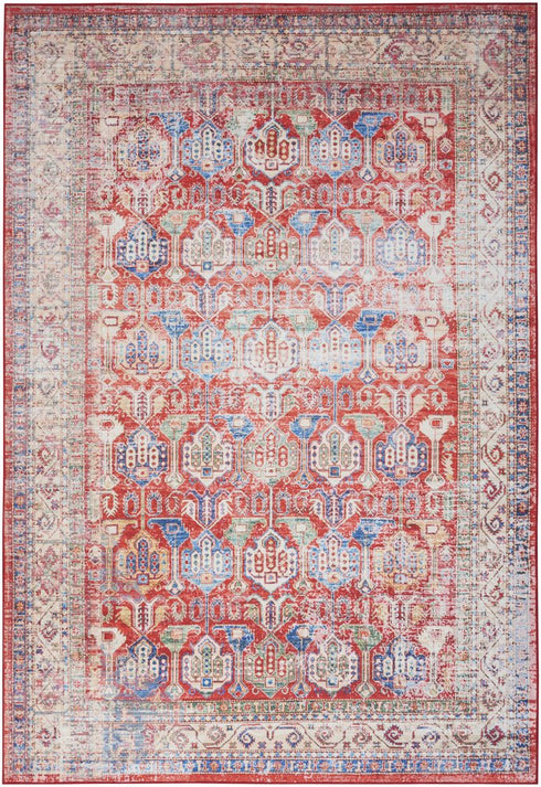 8' X 10' Ivory Red And Blue Floral Distressed Non Skid Area Rug