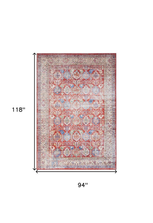 8' X 10' Ivory Red And Blue Floral Distressed Non Skid Area Rug