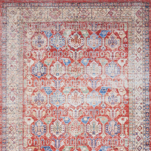 8' X 10' Ivory Red And Blue Floral Distressed Non Skid Area Rug