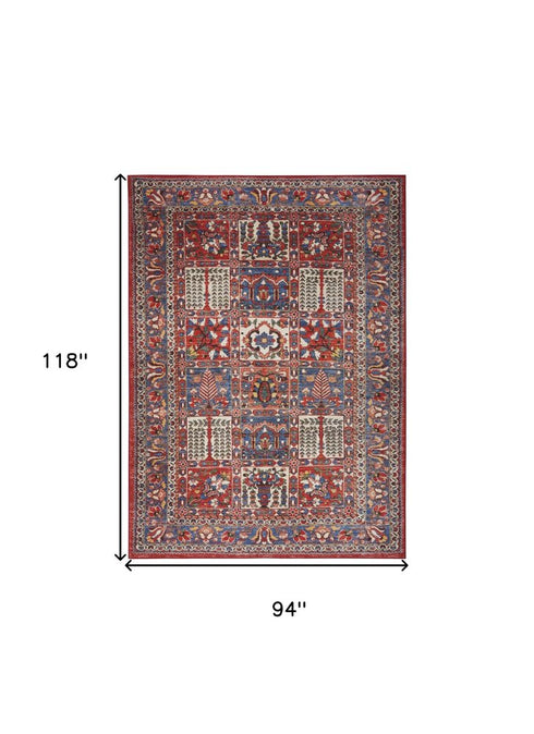 8' X 10' Ivory Red And Blue Oriental Distressed Non Skid Area Rug