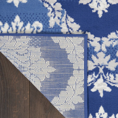 8' X 10' Blue and Ivory Damask Distressed Non Skid Area Rug