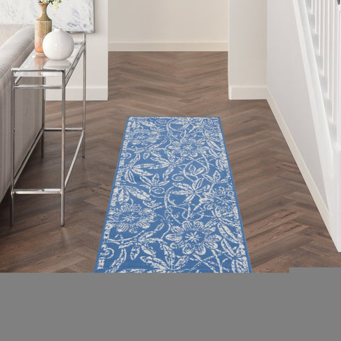 8' Ivory and Blue Floral Distressed Non Skid Runner Rug