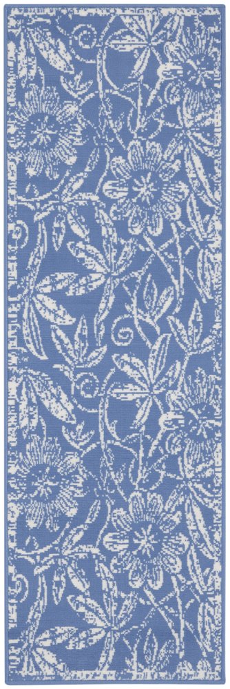 8' Ivory and Blue Floral Distressed Non Skid Runner Rug