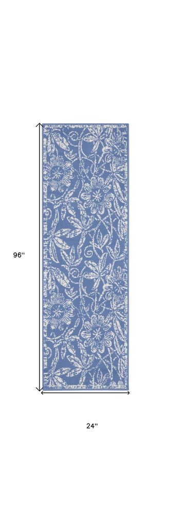 8' Ivory and Blue Floral Distressed Non Skid Runner Rug