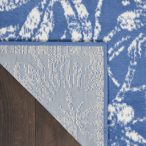 8' Ivory and Blue Floral Distressed Non Skid Runner Rug