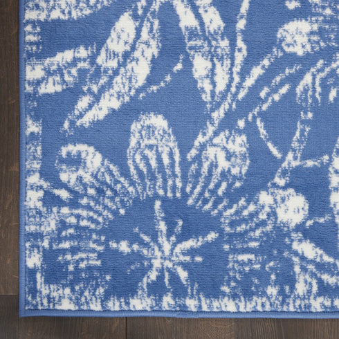 8' Ivory and Blue Floral Distressed Non Skid Runner Rug