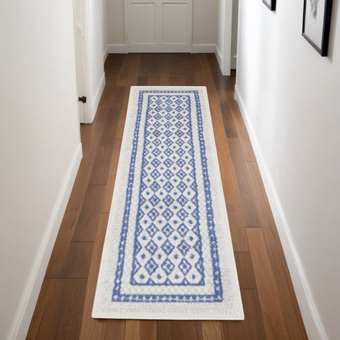 8' X 12' Ivory and Blue Geometric Distressed Non Skid Area Rug